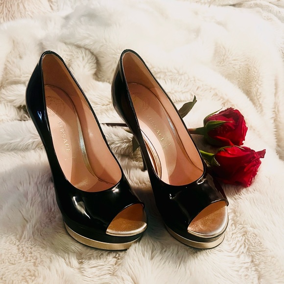 Black Versace Stilettos/High Heals with Gold Toe Trim - Picture 8 of 12